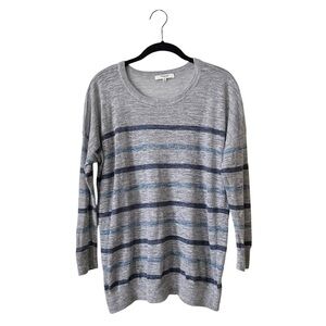 Madewell Linen Top Womens Size M Gray Blue Striped Crewneck Long Sleeve Pullover